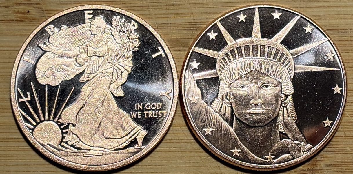 LOT OF 2  COPPER 1 OUNCE ROUNDS LIBERTY & WALKING LIBERTY!!