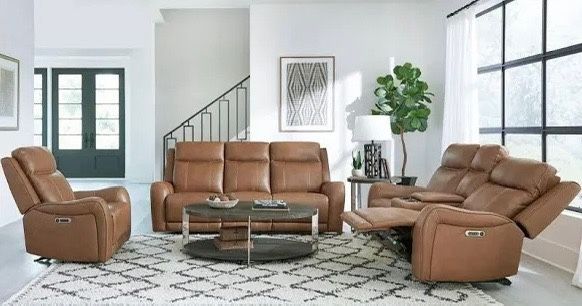 GENUINE-POWER RECLINING SOFA SET BUTTER NUT LEATHER EASY TO USE SWITCH. REG PRICE $3499