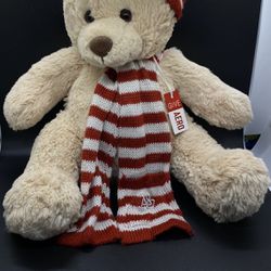Aeropostale A87 Tan Teddy Bear Christmas With Original Red & White Beanie & Scarf 