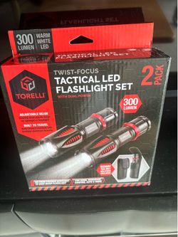 Torelli Tactical LED Flashlight Set (2-Pack): 300-lumen twist-focus flashlights with dual power options (AAA or 18650), belt holsters included. Water/
