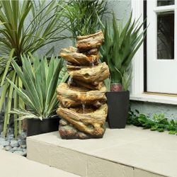 Alpine Corporation TZL226 24" Outdoor 4-Tier Log Fountain with LED Lights, Cascading Tree Trunk Feature for Garden, Patio, Backyard & Landscape Décor,