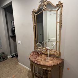 Gold Mirror with a Half Moon Marble Console Entryway Table 