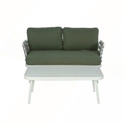 Loveseat and Table, Outdoor Steel Furniture for Patio Garden, Off White and Green