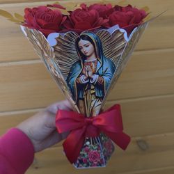 Virgencita De Guadalupe Vase With Paper Flower Roses Rosas Decor Gift Regalo