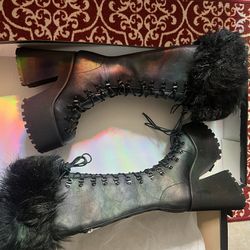 Dolls Kill Widow Black Gothic Leather Fur Boots