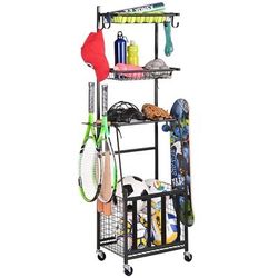  Sports Equipment Storage for Garage, Indoor/Outdoor Sports Rack for Garage, Ball Storage Garage Organizer with Basket and Hooks,Toy/Sports Gear Stora