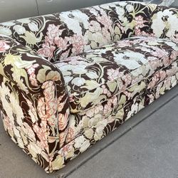 Gorgeous Vintage Mid Century Modern Martin Brattrud Tulip Brown Floral Sofa on Brass Casters