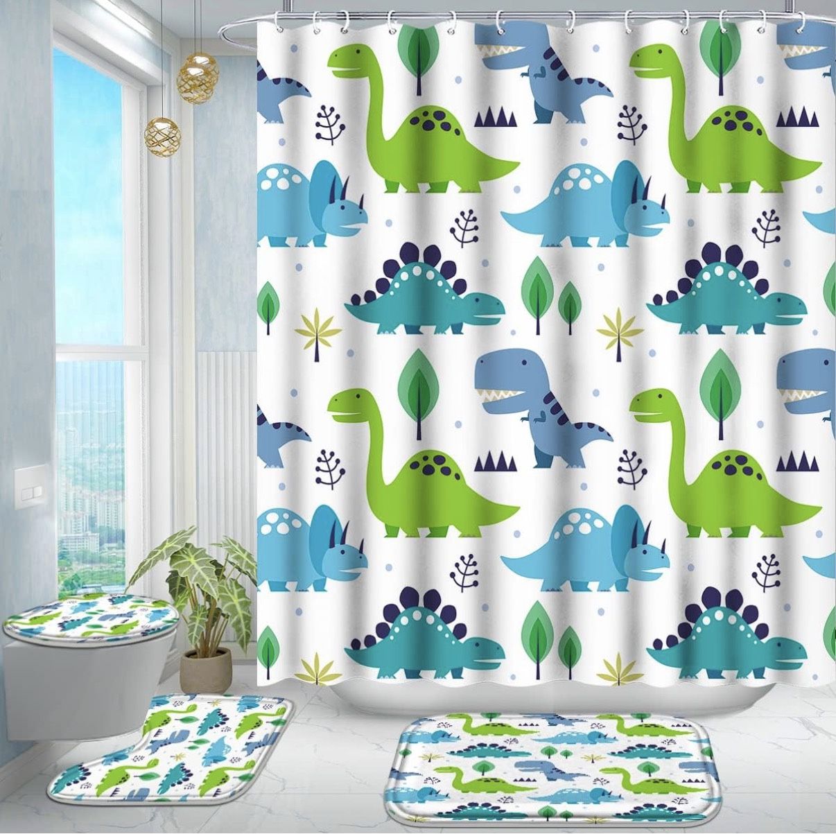 4 Pcs Bathroom Shower Curtain Set, Fresh Cartoon Dinosaur Style