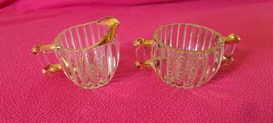 Vintage Ribbed Glass Sugar Dish And Creamer With Gold Accent On Rim And Handles
