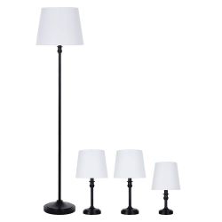 Alsy 57 in. Black Floor Lamp, Two 18 in. Table Lamps and 14 in. Accent Lamp Set with White Linen Shades (4-Piece)