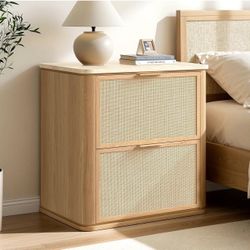 2-Drawer Rattan Nightstand with Wood Frame
