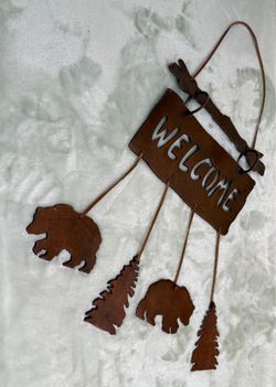 Rustic Metal Hanging Welcome Sign With Hanging Bears & Trees