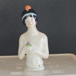 VTG 3.5" half doll / pincushion doll,  Black haired woman with blue/red headband