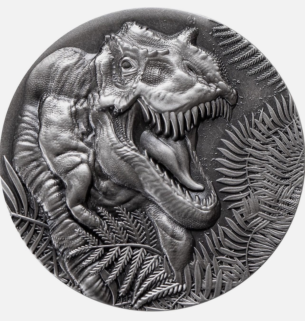 2025 Liberia 20 Dollar Coin • Jurassic Life T-Rex Ultra High Relief Antiqued • 2 oz Pure Silver (.999 Fine) • Very Limited Mintage #041/099