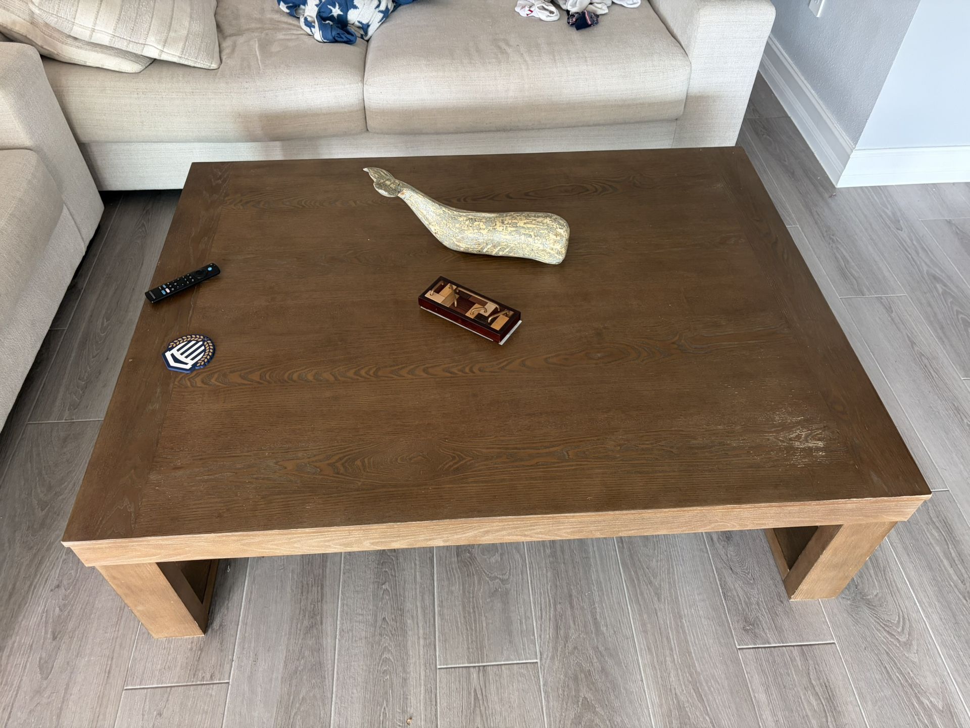 Large Square Oak-Finish Coffee Table - Modern Minimalist
