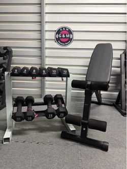 New in box 📦 PAIR OF 5,8,10,12,15lb neoprene Dumbbells + rack + bench COMBO. Limited time sale 🔥