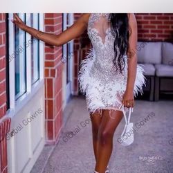 White Feathers Short Prom Dress  Beaded Crystal Birthday Party Dresses Mermaid Mini Cocktail Homecoming Customized
