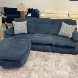 Denim L Shape Sofa With Chaise & Storage - All Power Recliners With Adj Headrest 