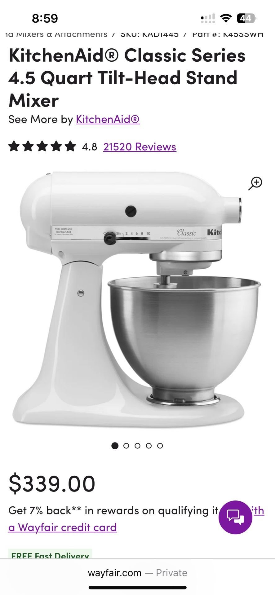 Kitchen Aid Stand Mixer 4.5 Quart