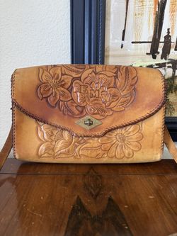 Vintage 1960s Leather Tooled Custom Initial Purse - Mexico -Floral Western Style
