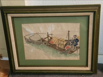Vintage Framed Chinese/Japanese Woodblock Print Or Watercolor Rubbing On Paper