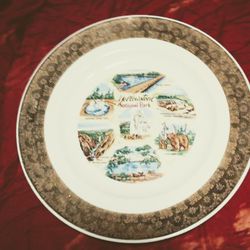 CIRCA 1950s YELLOWSTONE NATIONAL PARK SOUVENIR COLLECTOR PLATE WITH HEAVY GILT EDGE. 

Scenes depicted include Morning Glory Pool, Mammoth Hot Springs