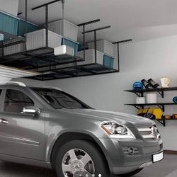 FLEXIMOUNTS 4x8 Overhead Garage Storage Rack, Adjustable Garage Storage Organization Systerm, Heavy Duty Metal Garage Ceiling Storage Racks, 600lbs We