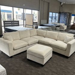 Cream Beige comfy sectional w/ ottoman