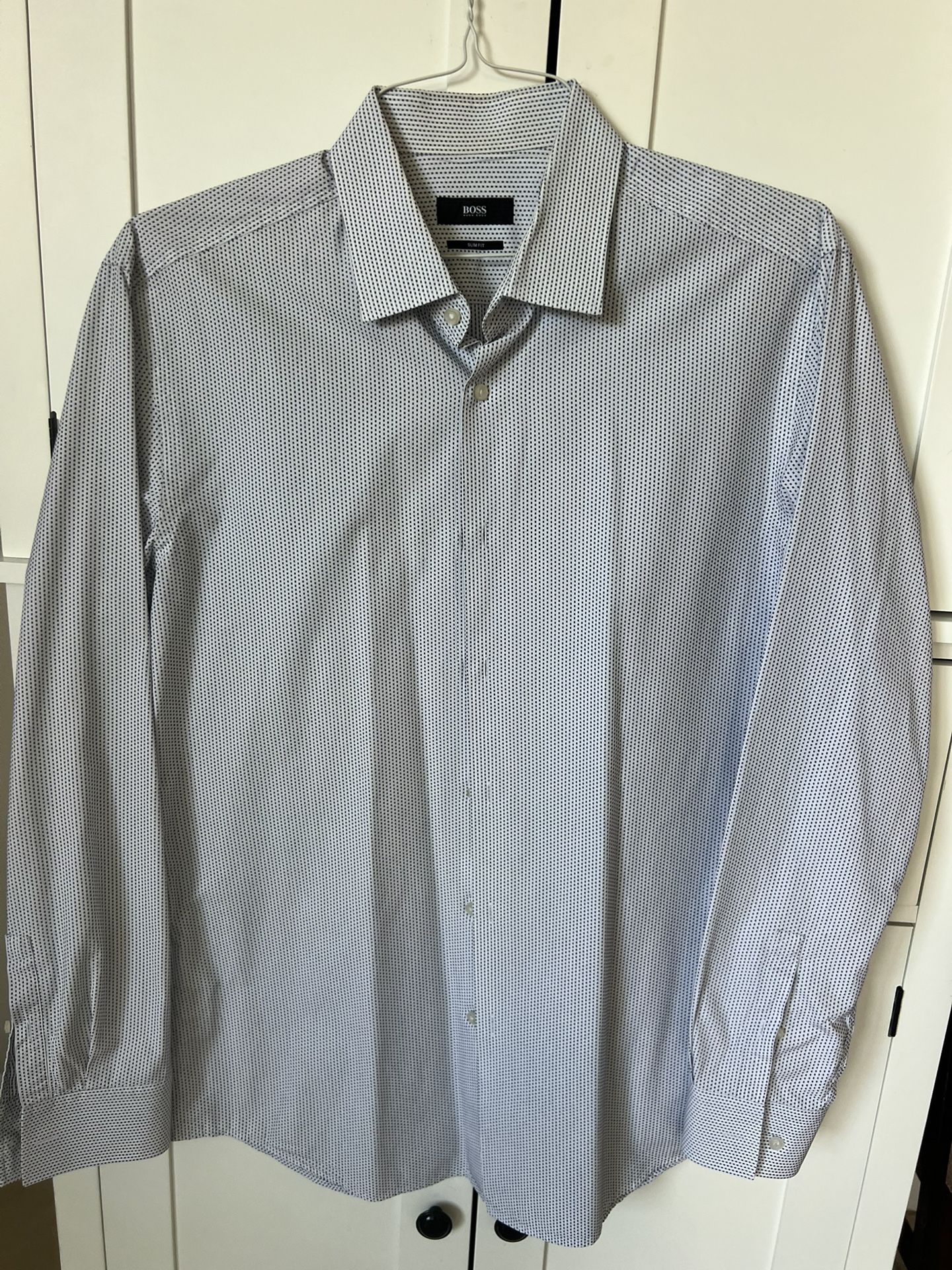 Hugo Boss Slim Fit Dress Shirt Men’s 16.5 42 – White Navy Dotted – Long Sleeve – Excellent