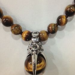 Natural Yellow Tiger, Eyes Round Gemstone Beads  Pendant Necklace 18 Inches  SG-0093