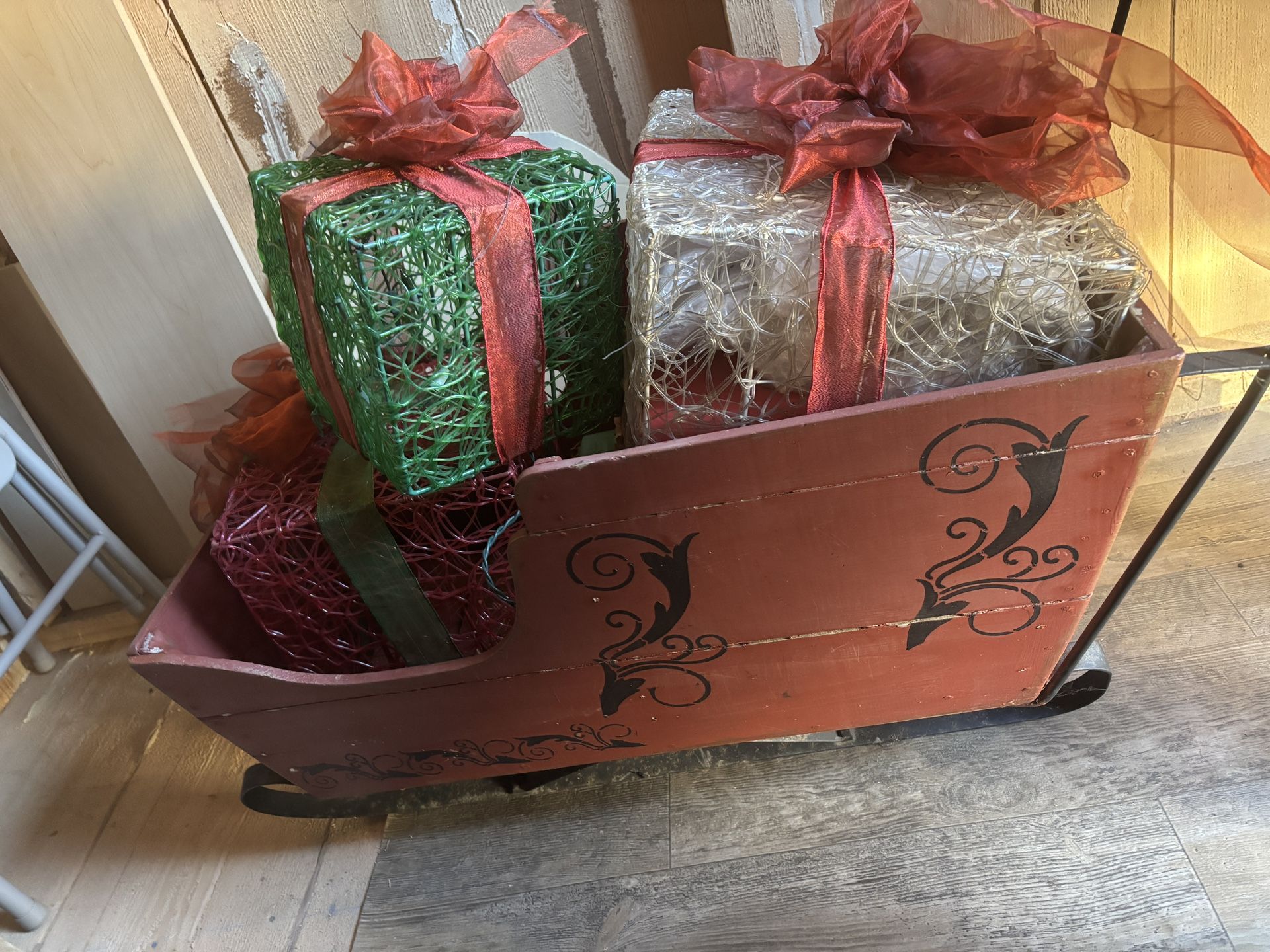 $15 Wooden Sleigh Sled With 3 Gift Boxes Runners Bent A Bit 41L 17w