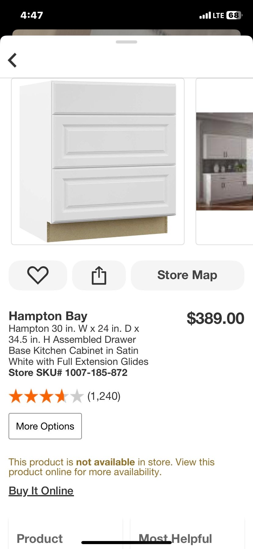 Hampton Bay Hampton 30 in. W x 24 in. D x 34.5 in. H Assembled Drawer Base Kitchen Cabinet in Satin White with Full Extension Glides