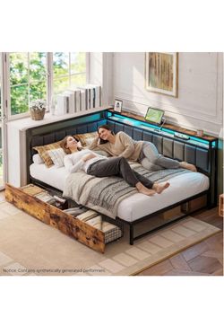 Full Corner Bed Frame with Storage Drawers, LED, Charging, Black 2 Storage Shelves, 1000 LBs Capacit