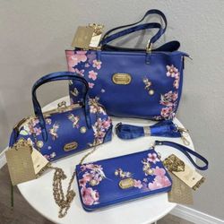 Set of 3 Brangio Italy Hummingbird Bloom Scratch &Stain Resistant Blue Floral Handbag Clutch Wallet 