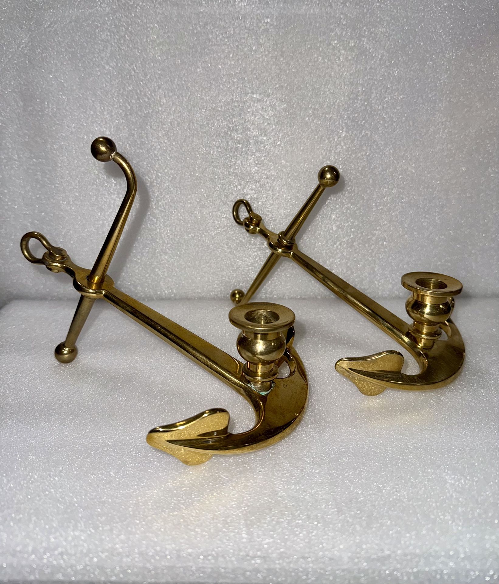 Two Vintage Solid Brass Fishermans Anchor Candle Holder MCM , Rare