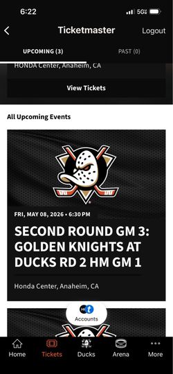 Ducks vs VGK Section 204 Row D Seat 10