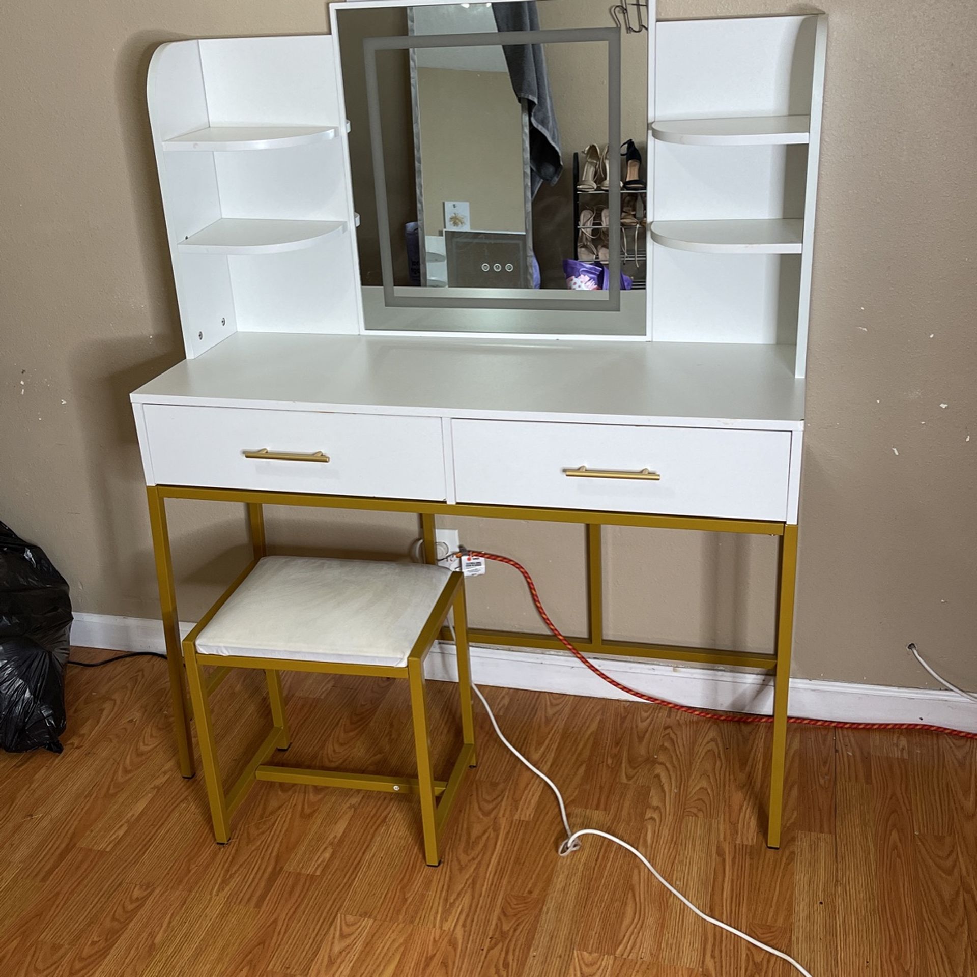 White Makeup Vanity With LED Mirror and Matching Chair 