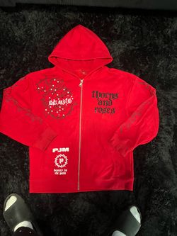 Red full-zip graphic hoodie in size XXL.