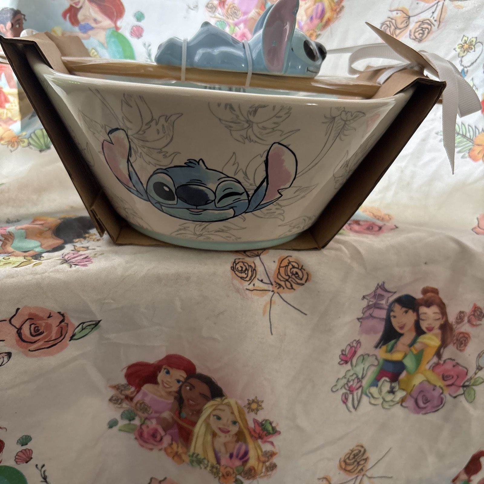 Rae Dunn Disney Laughing Tongue Out STITCH Noodle Bowl Chopstick & Rest Set NEW