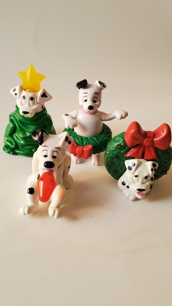 101 102 Dalmatians: 4 Cute Puppy Dog Figurines: Wreath, Oversized Sweater. Lightbulb