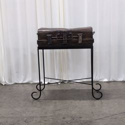 Rustic Brown Metal Trunk on Metal Stand