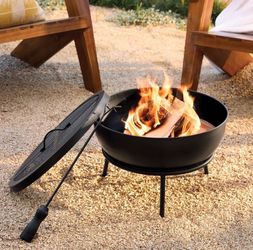 Round Outdoor Wood Burning Fire Pit w/ Spark Screen Lid Poker Backyard Patio NEW