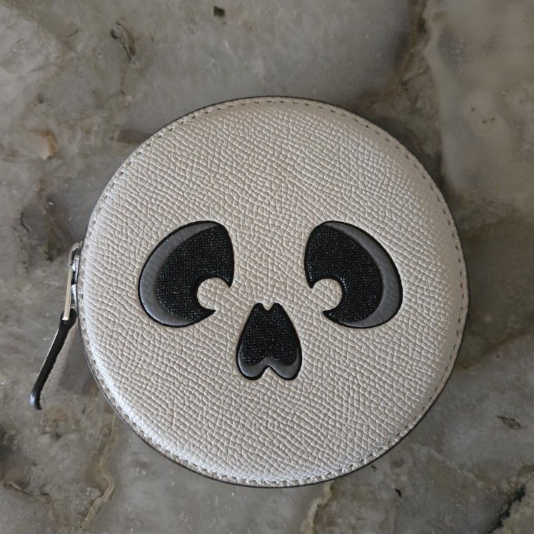 Coach Halloween Skull Coin Card Case in Chalk White Crossgrain Leather