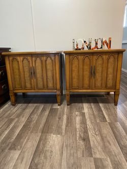 Pair of Vintage Wood Nightstands with Cabinet Doors