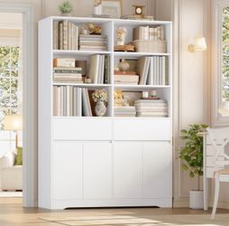 69" H × 47.2" W Tall Bookshelf with Doors, 6-Tier Double Wide Bookshelves and Bookcases with Storage, Tall Bookshelf Large Open Book Shelf Storage Cab