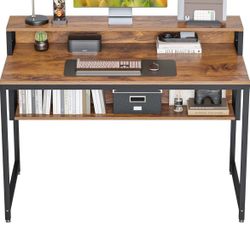 ubiker Computer Home Office Desk, 47" Small Desk Table with Storage Shelf and Bookshelf, Study Writing Table Modern Simple Style Space Saving Design, 