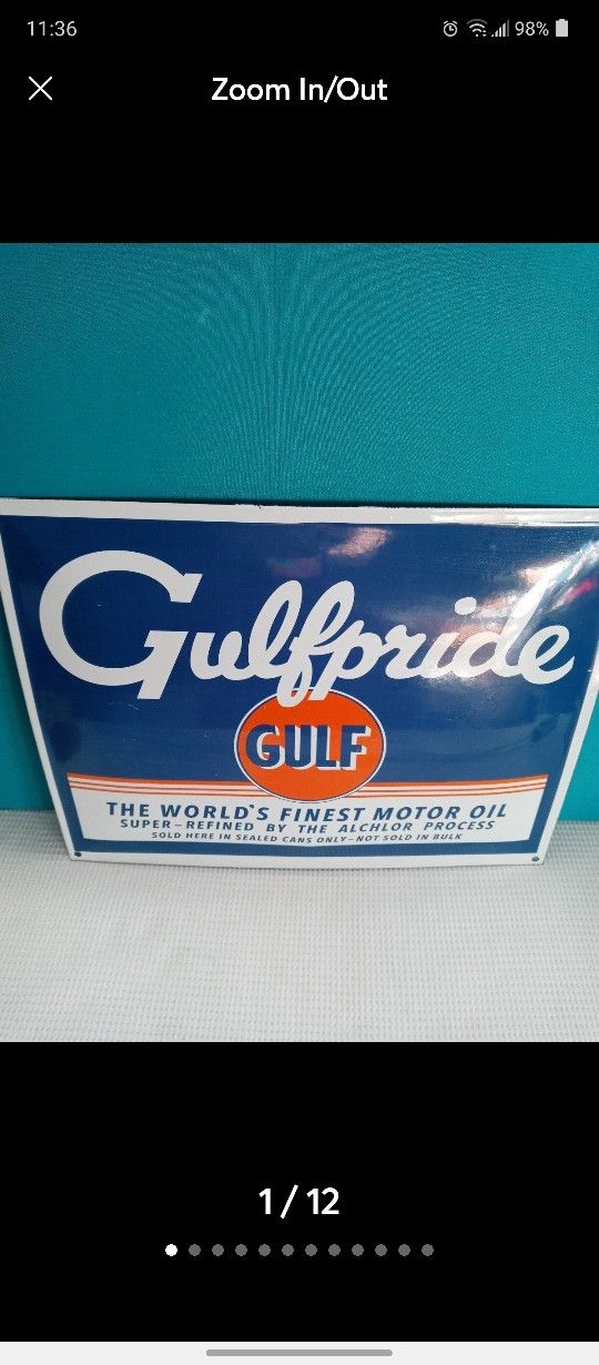 XL Porcelain sign GulfPride GulF 12.5"x 16". Curved with ppredrilled holes for easy hanging.
