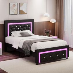 Twin Bed Frame with LED Lights, Upholstered Platform Bed with Diamond Tufted Headboard.