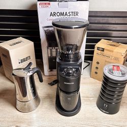 Complete Coffee Starter Bundle – Burr Grinder, Bialetti Moka Pot, Milk Frother – Like New”