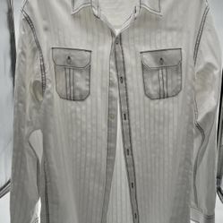 Michael Brandon Men Long Sleeve Button Down Shirt White With Black Stitching XL